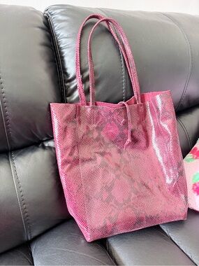Red/ maroon Snake-Print Tote Bag with Double Handles